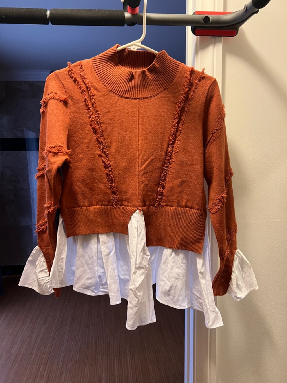 Avantlook Rust Orange Layered-Style Sweater with White Shirt Hem